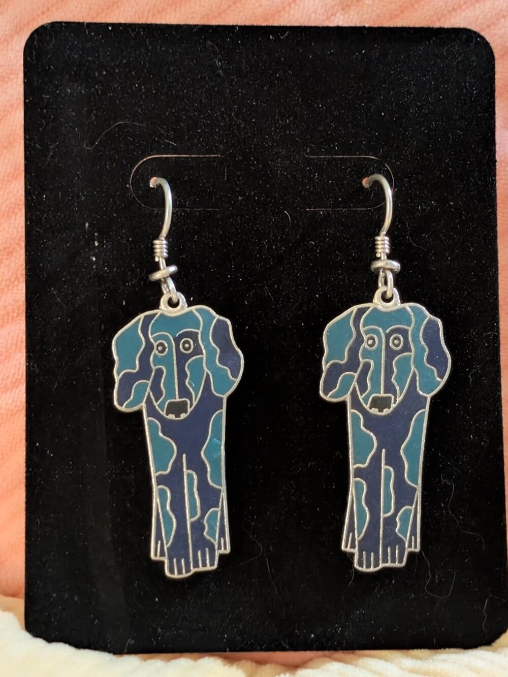 ​🐶Rare Vintage Laurel Burch "Cody" Long Dog Silvertone Dangle Enamel Earrings